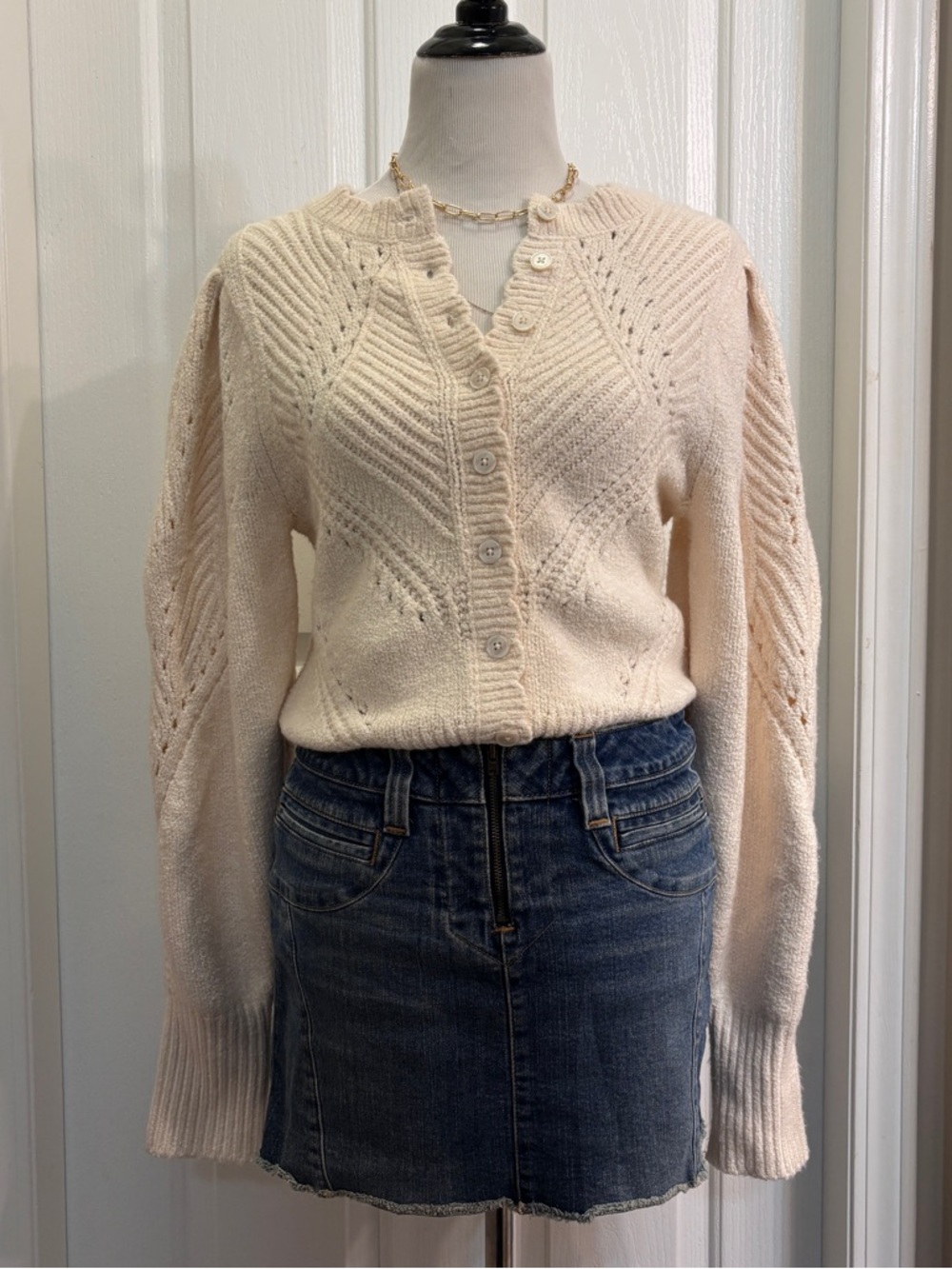 Anthropologie Pointelle Scalloped Cardigan Sweater